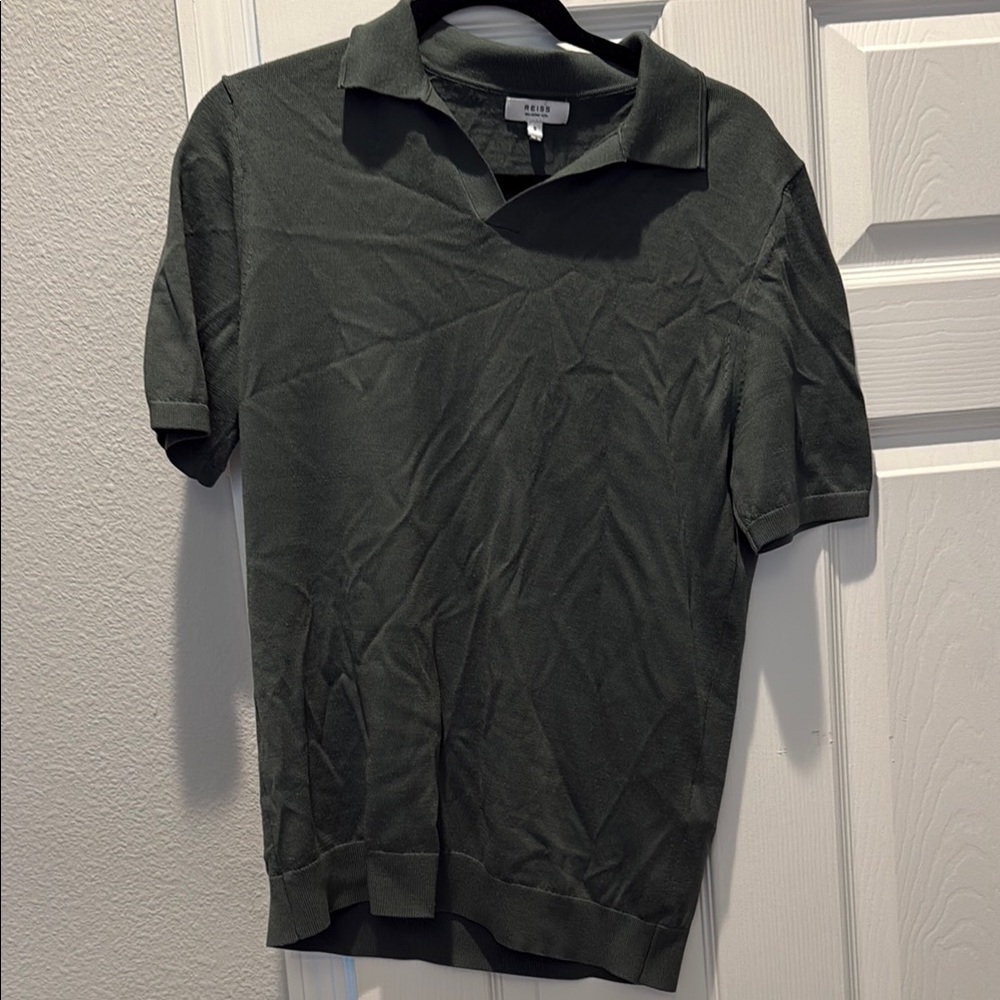 REISS Men's Dark Green Merino Wool Polo Shirt